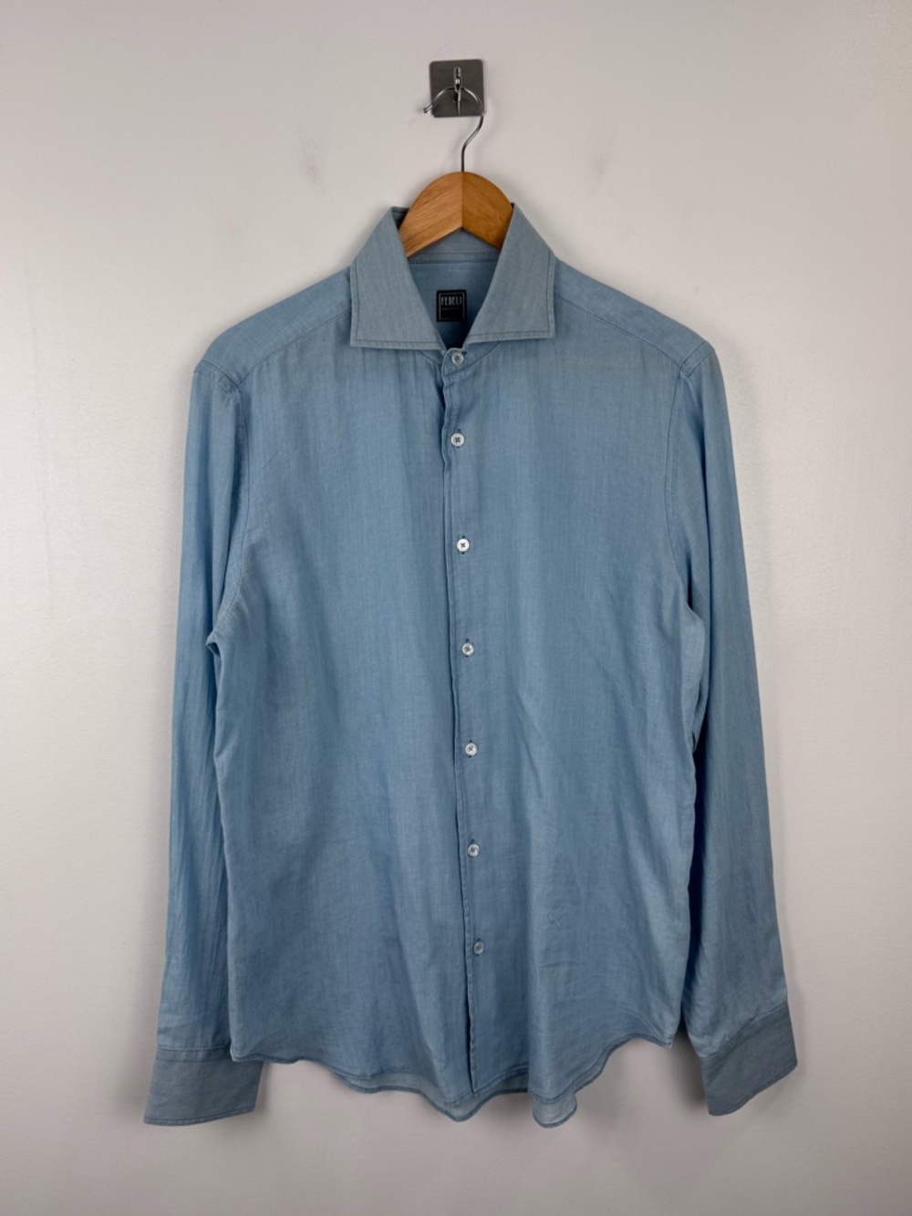 Fedeli Men Blue Cotton Button Down Shirt Neck 15.5